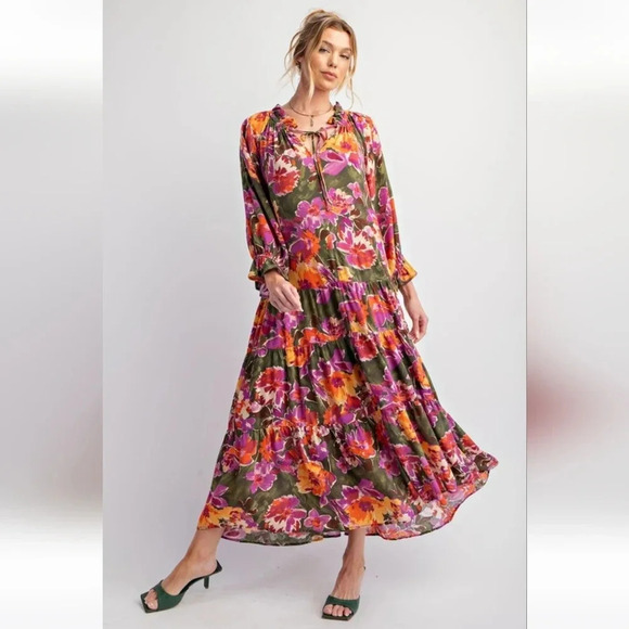 New Easel Green Floral Long Sleeve Maxi Dress - Picture 1 of 5